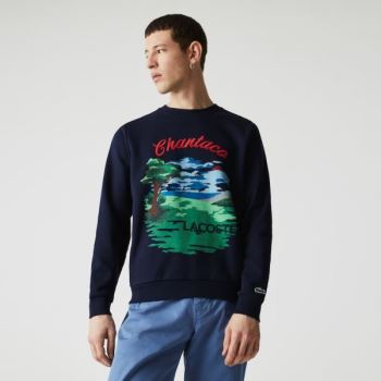 Lacoste Crew Neck Landscape Print Fleece Sweatshirt Pánské - Mikiny Tmavě Blankyt Blankyt / Červené